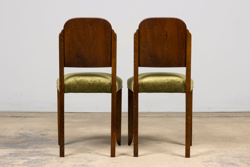 Set of 6 French Art Deco Walnut Dining Chairs in Olive Green Velvet, 1930s