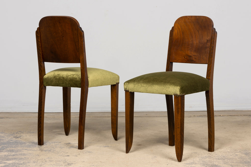 Set of 6 French Art Deco Walnut Dining Chairs in Olive Green Velvet, 1930s