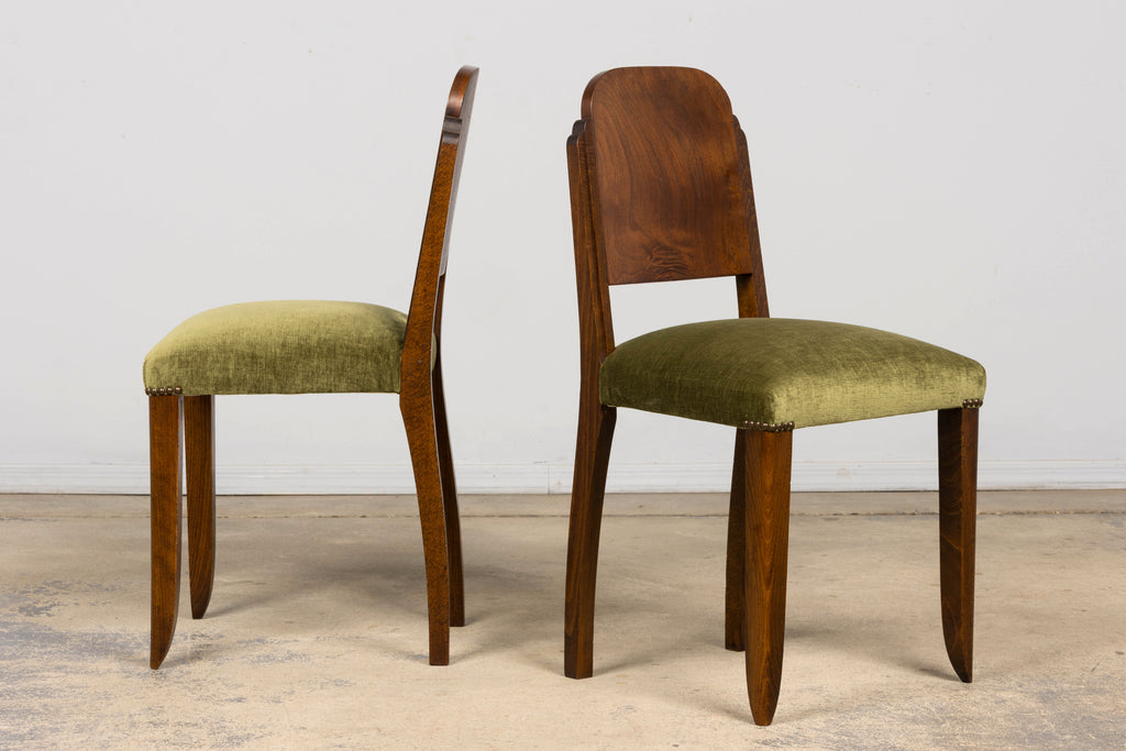 Set of 6 French Art Deco Walnut Dining Chairs in Olive Green Velvet, 1930s