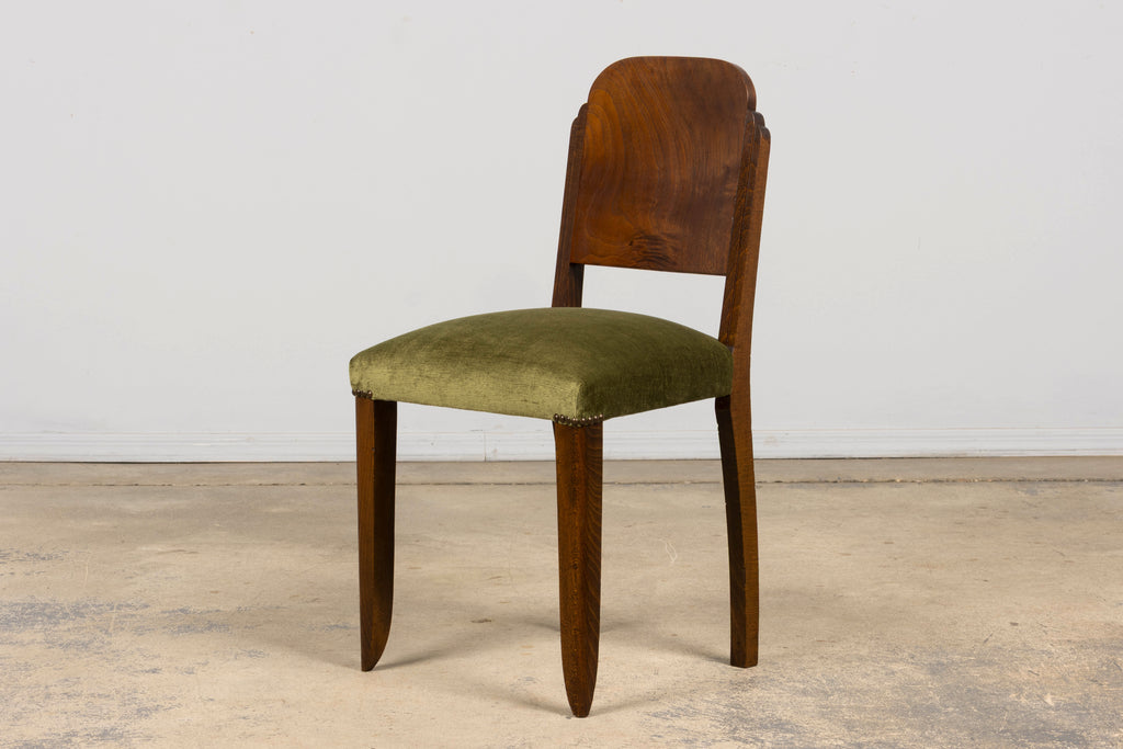 Set of 6 French Art Deco Walnut Dining Chairs in Olive Green Velvet, 1930s