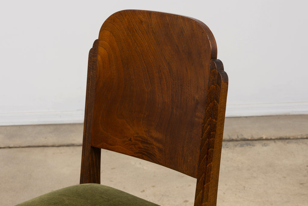 Set of 6 French Art Deco Walnut Dining Chairs in Olive Green Velvet, 1930s