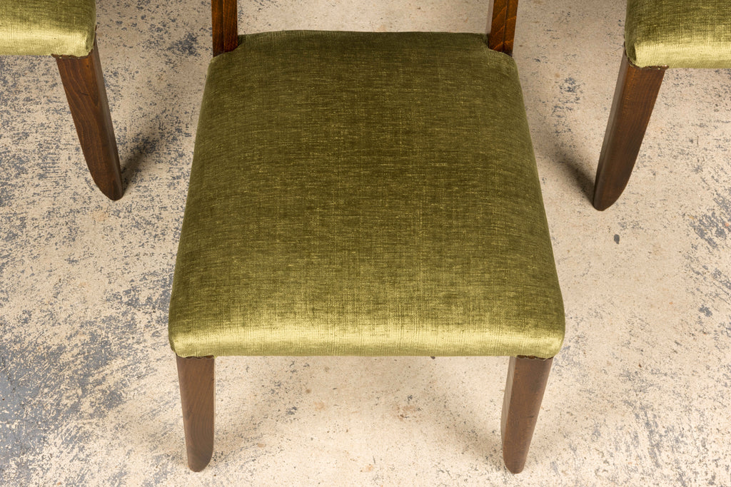 Set of 6 French Art Deco Walnut Dining Chairs in Olive Green Velvet, 1930s