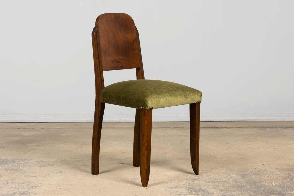 Set of 6 French Art Deco Walnut Dining Chairs in Olive Green Velvet, 1930s