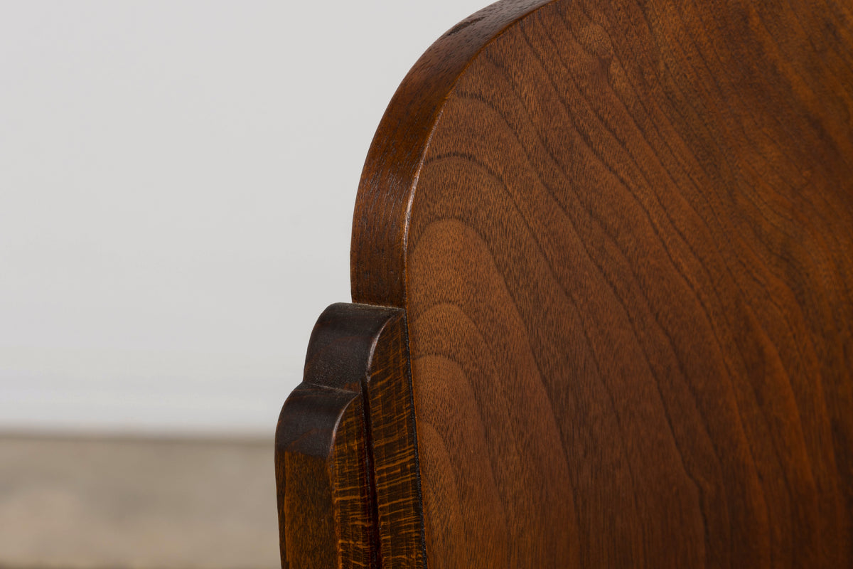 Set of 6 French Art Deco Walnut Dining Chairs in Olive Green Velvet, 1930s