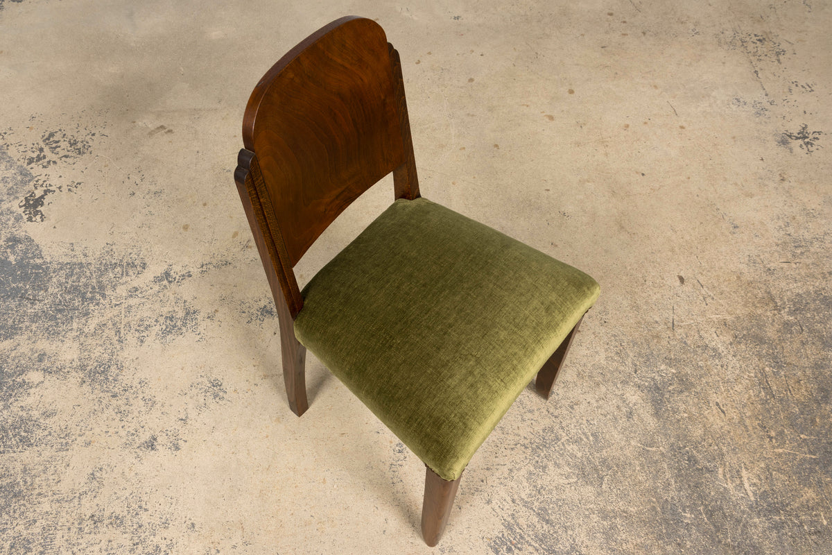 Set of 6 French Art Deco Walnut Dining Chairs in Olive Green Velvet, 1930s