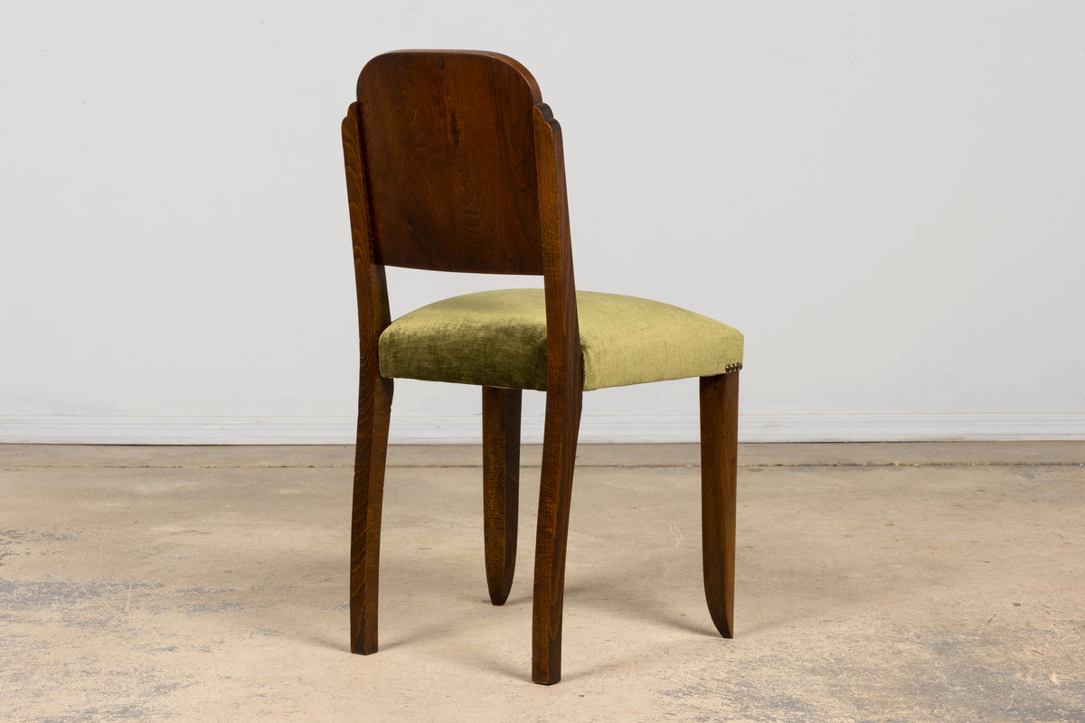 Set of 6 French Art Deco Walnut Dining Chairs in Olive Green Velvet, 1930s