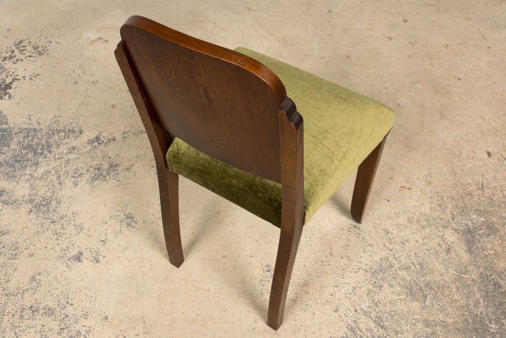 Set of 6 French Art Deco Walnut Dining Chairs in Olive Green Velvet, 1930s