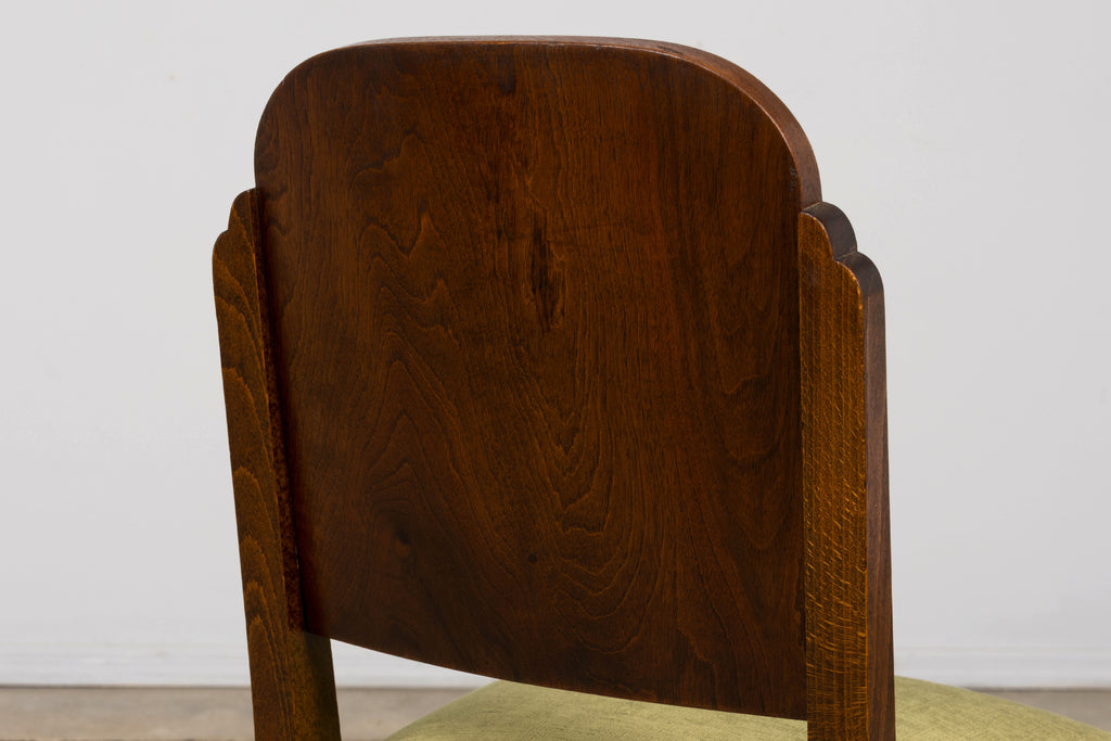 Set of 6 French Art Deco Walnut Dining Chairs in Olive Green Velvet, 1930s