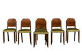 Set of 6 French Art Deco Walnut Dining Chairs in Olive Green Velvet, 1930s
