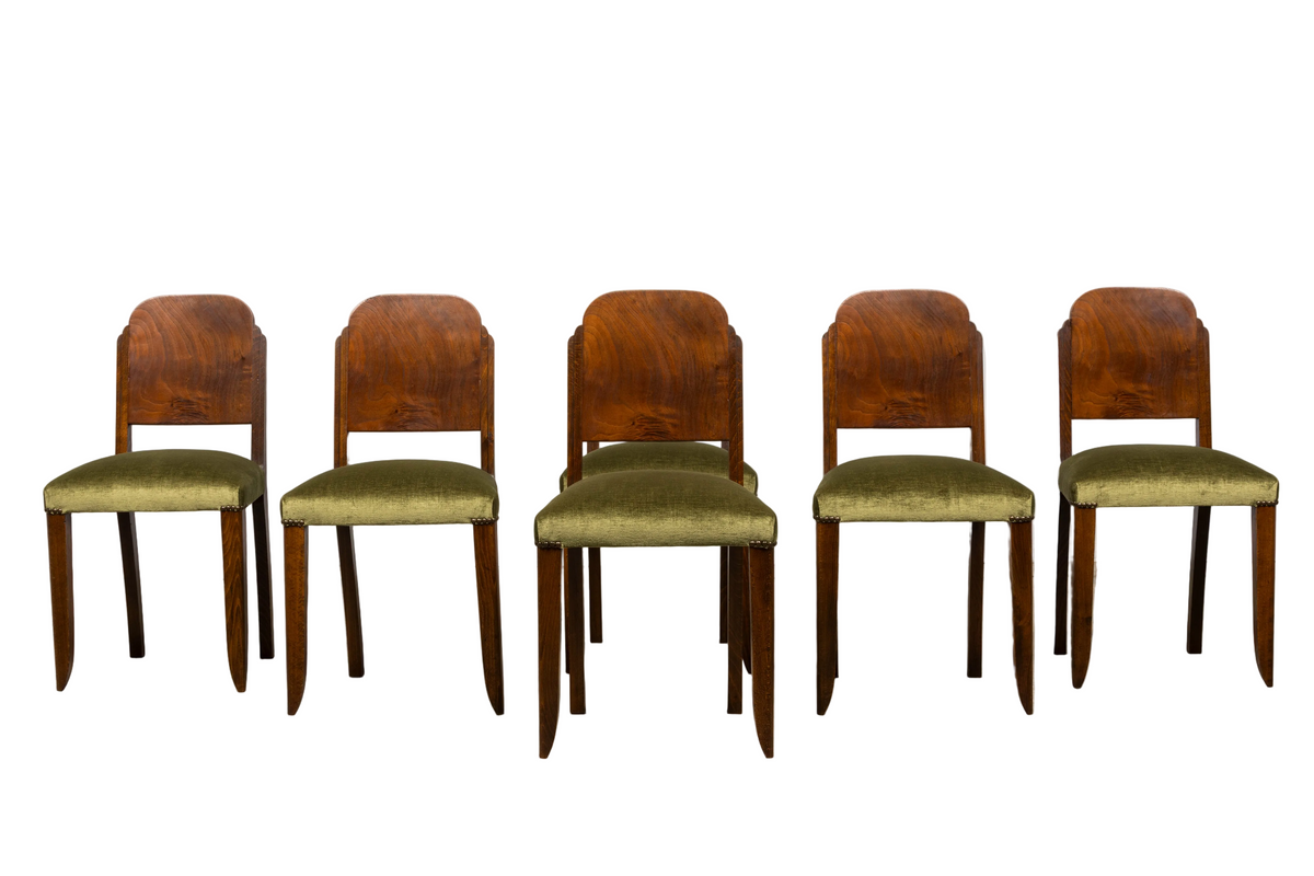 Set of 6 French Art Deco Walnut Dining Chairs in Olive Green Velvet, 1930s