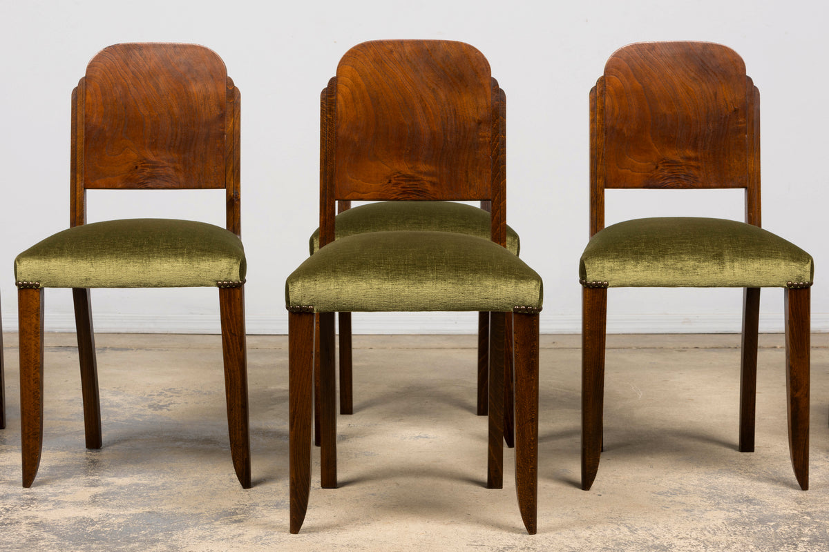 Set of 6 French Art Deco Walnut Dining Chairs in Olive Green Velvet, 1930s