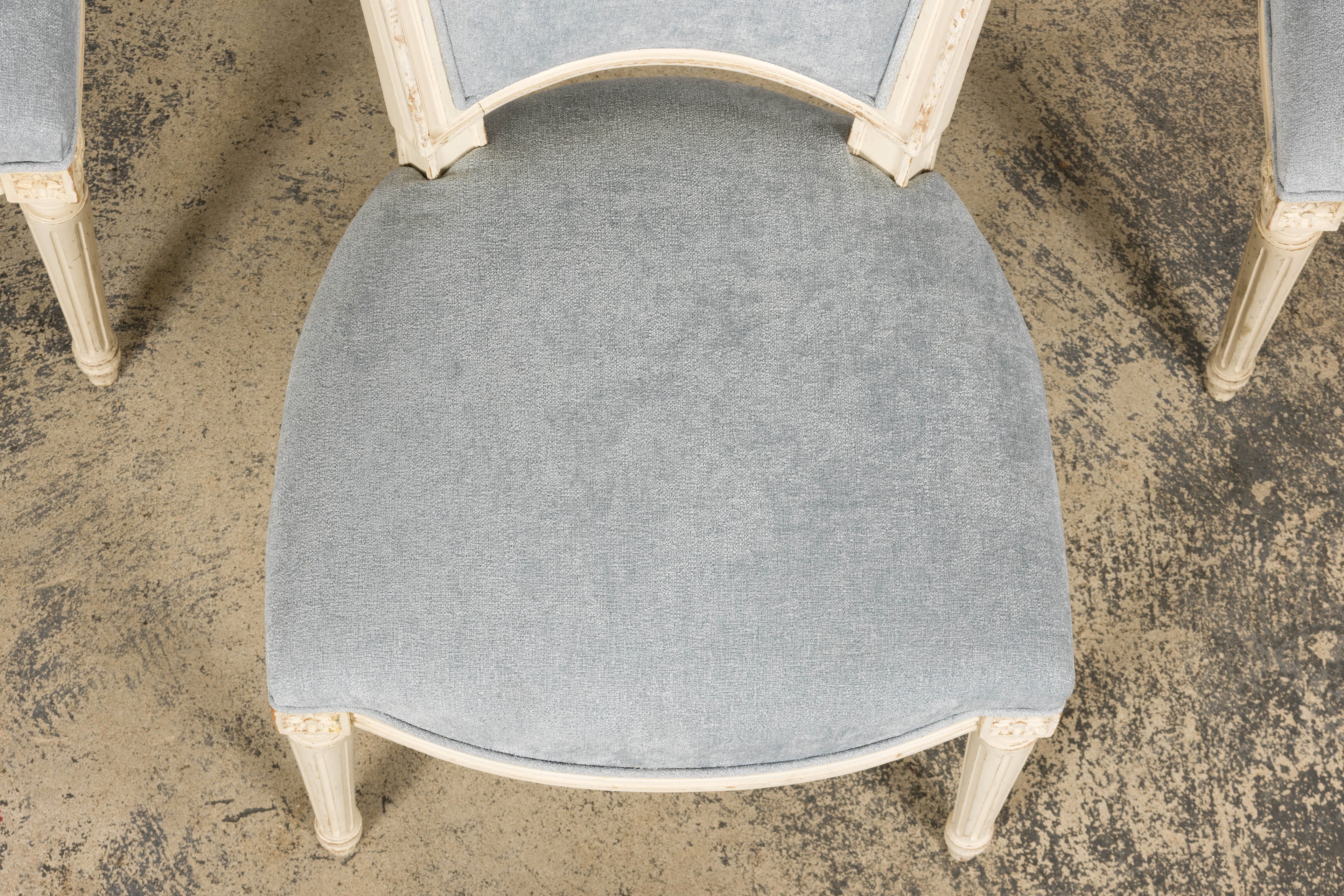 Set of 6 French Louis XVI Painted Dining Chairs in Dusty Blue, Early 20th Century