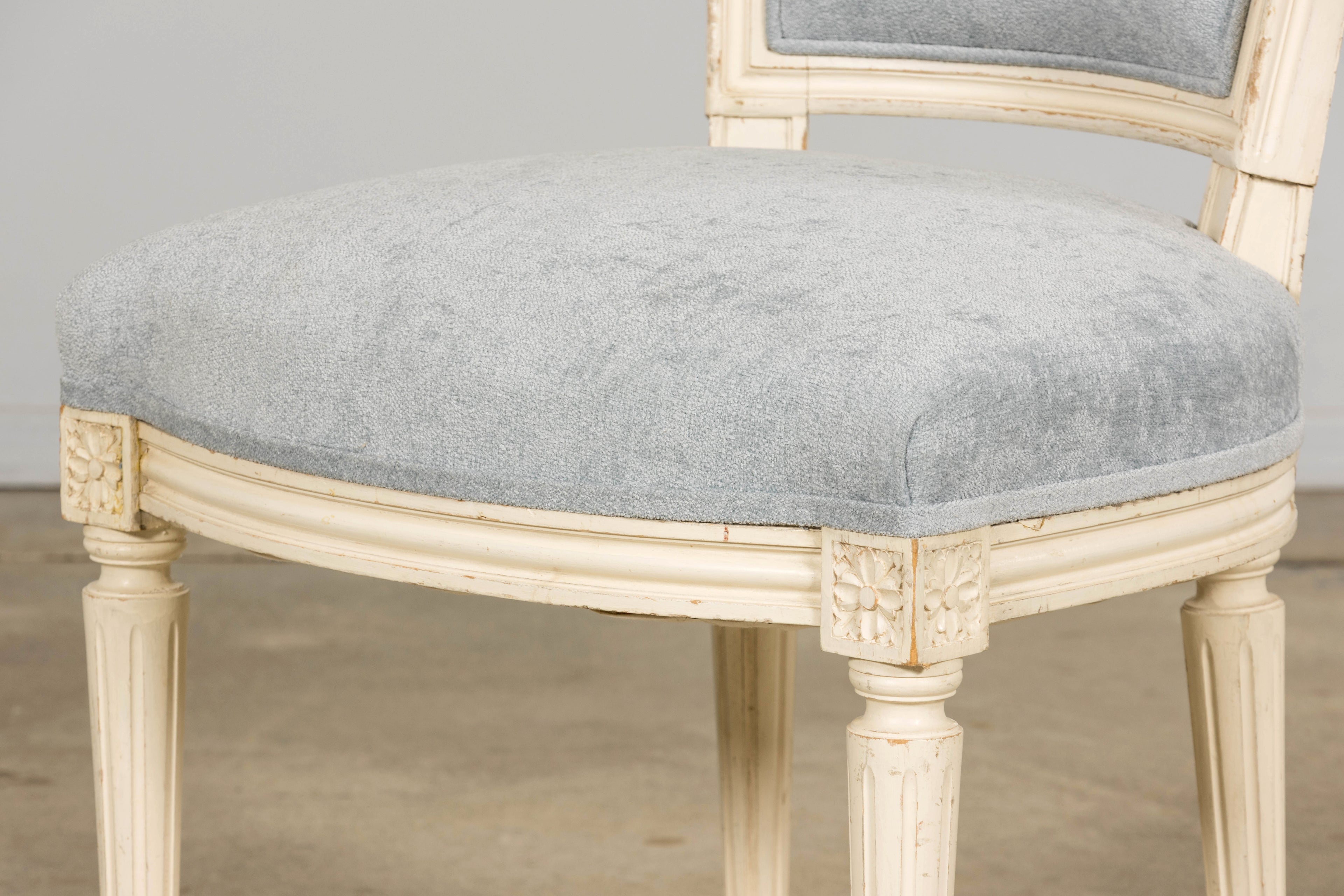Set of 6 French Louis XVI Painted Dining Chairs in Dusty Blue, Early 20th Century