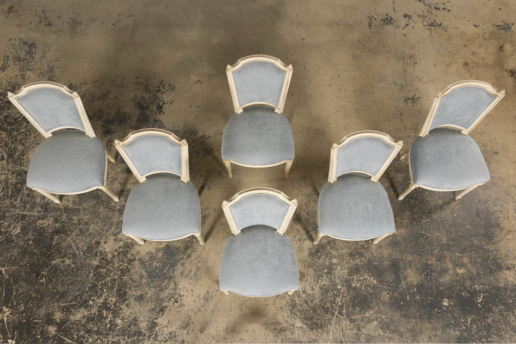Set of 6 French Louis XVI Painted Dining Chairs in Dusty Blue, Early 20th Century