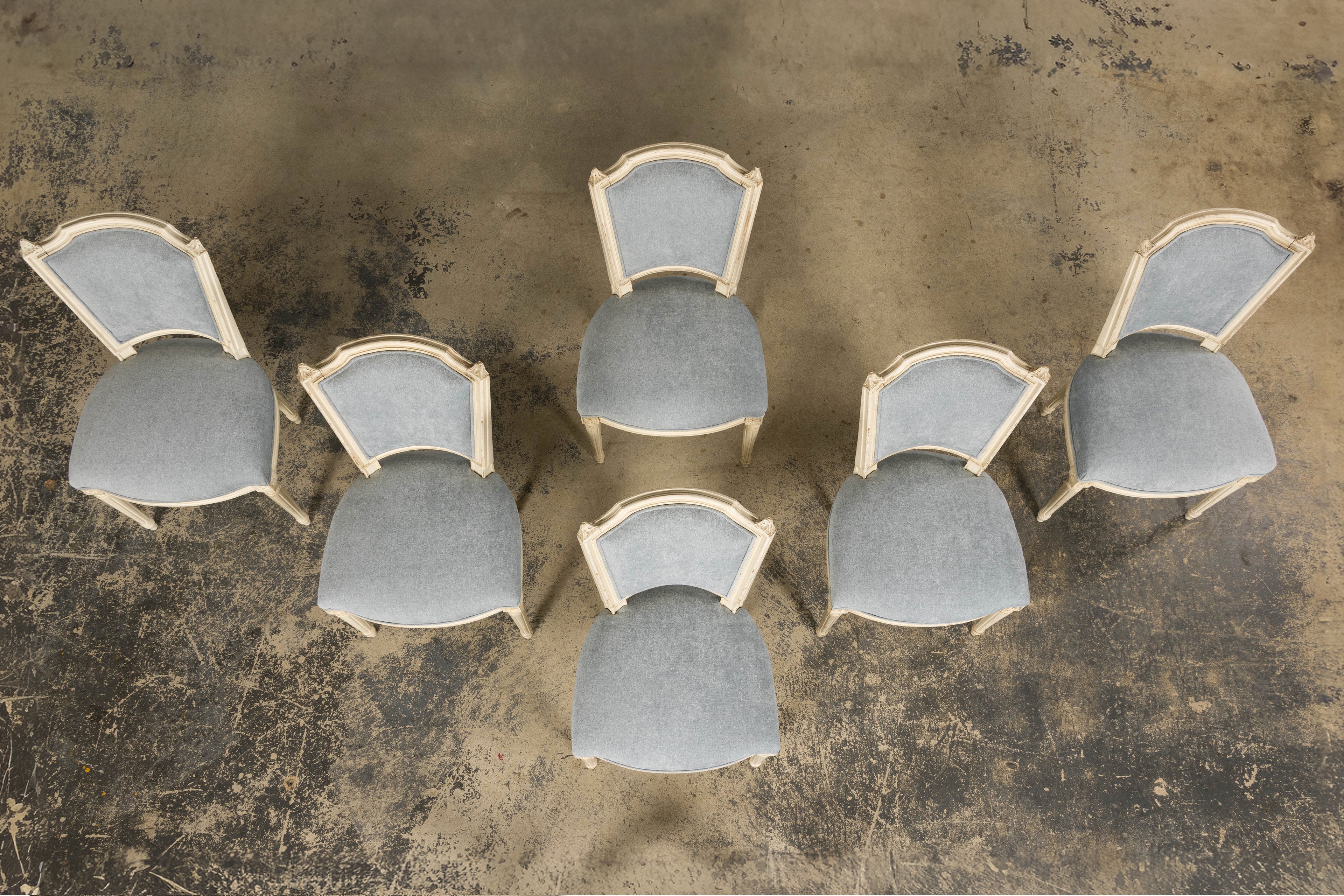 Set of 6 French Louis XVI Painted Dining Chairs in Dusty Blue, Early 20th Century