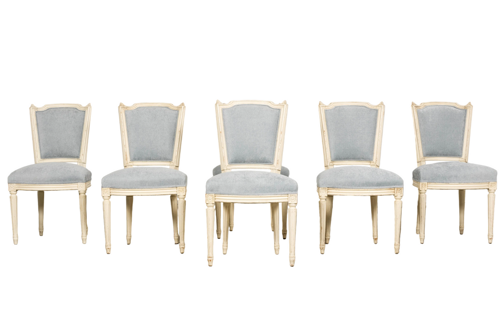Set of 6 French Louis XVI Painted Dining Chairs in Dusty Blue, Early 20th Century
