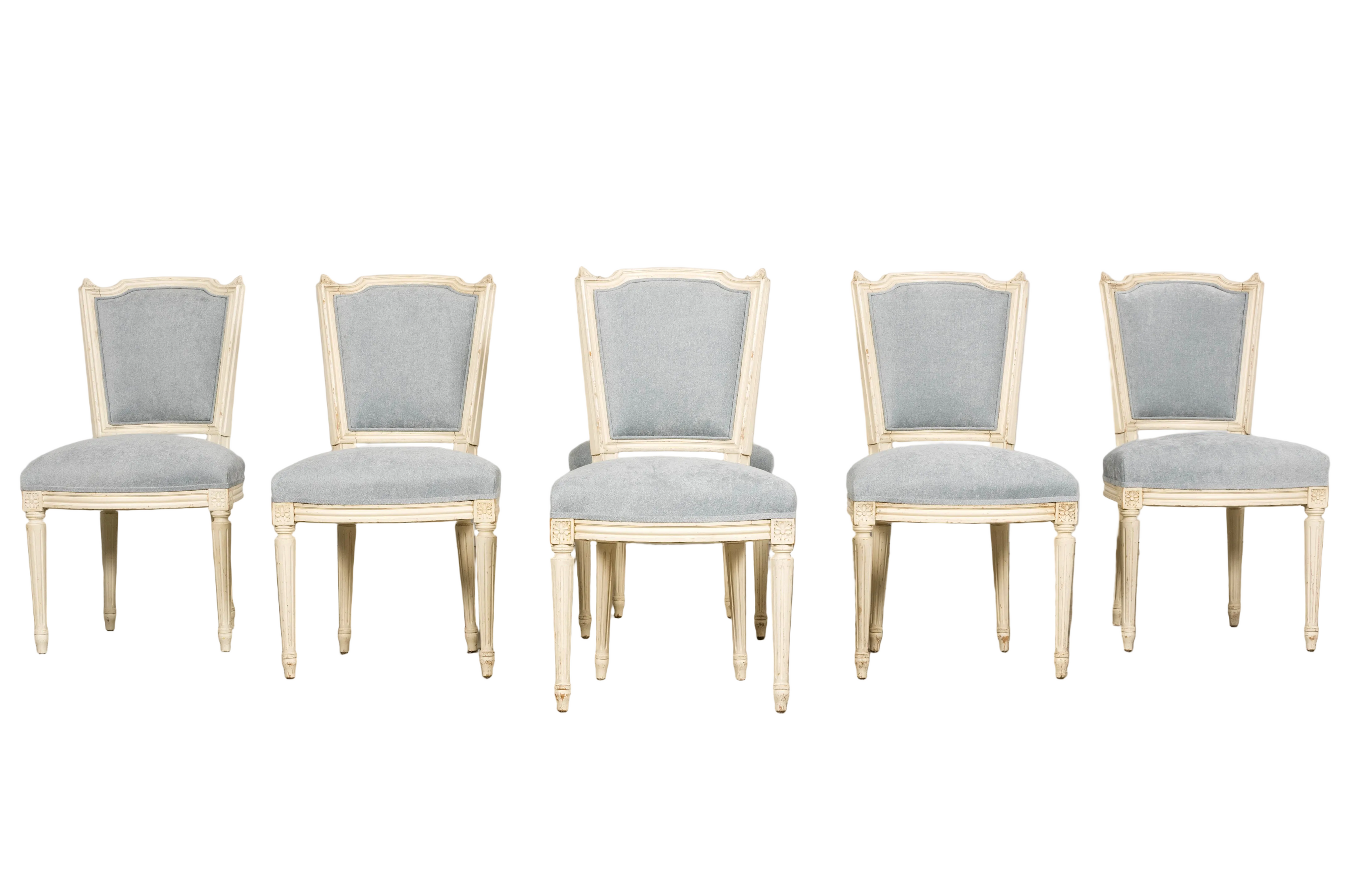 Set of 6 French Louis XVI Painted Dining Chairs in Dusty Blue, Early 20th Century
