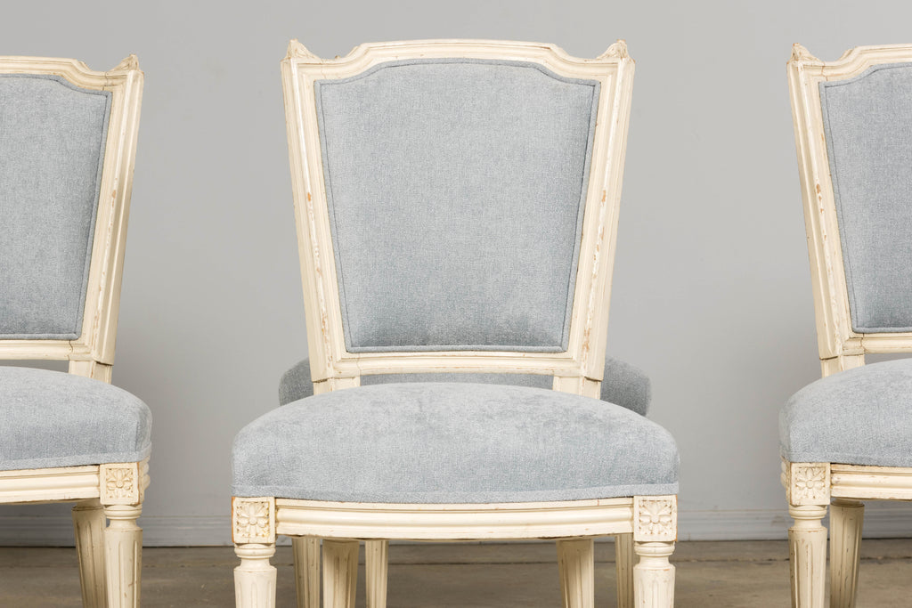 Set of 6 French Louis XVI Painted Dining Chairs in Dusty Blue, Early 20th Century