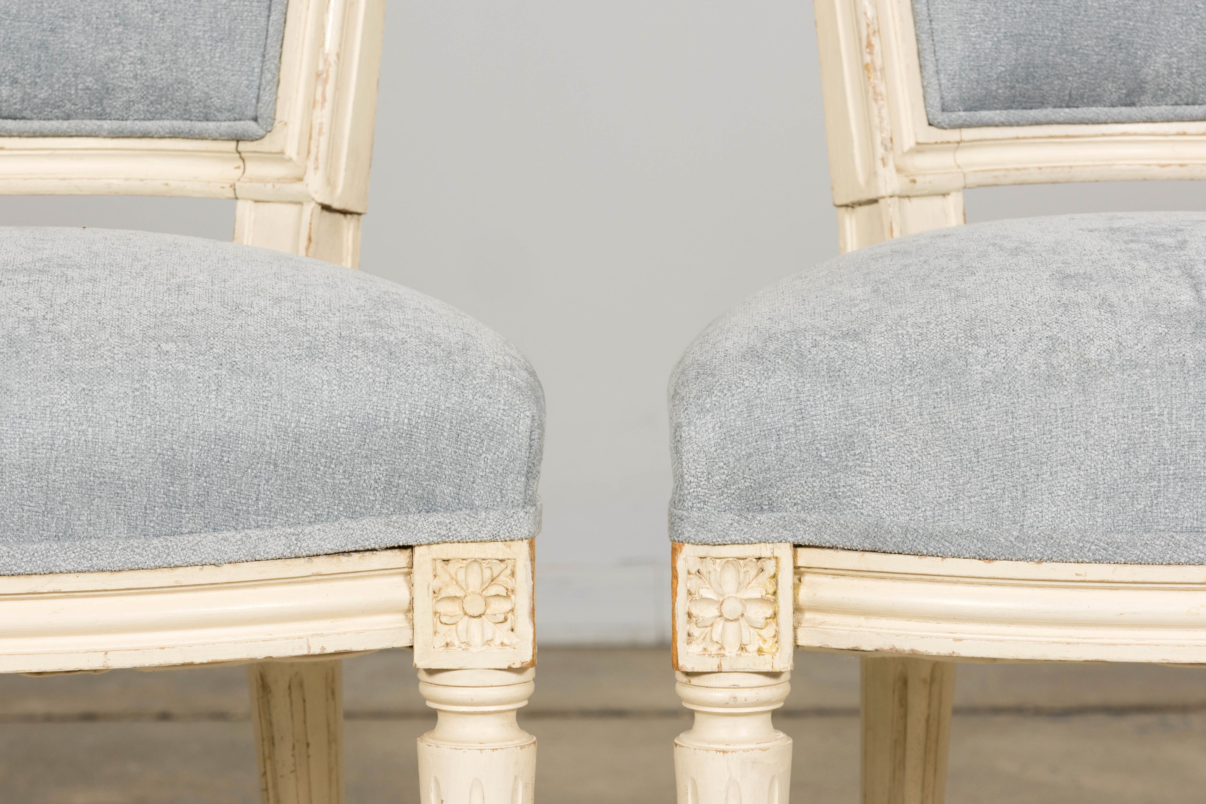 Set of 6 French Louis XVI Painted Dining Chairs in Dusty Blue, Early 20th Century