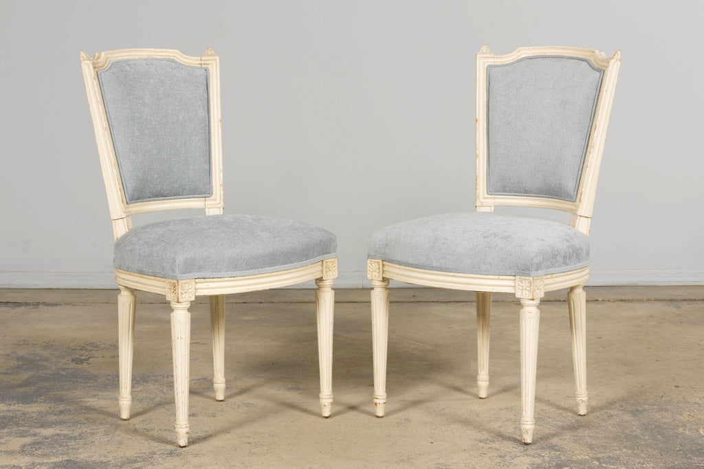 Set of 6 French Louis XVI Painted Dining Chairs in Dusty Blue, Early 20th Century