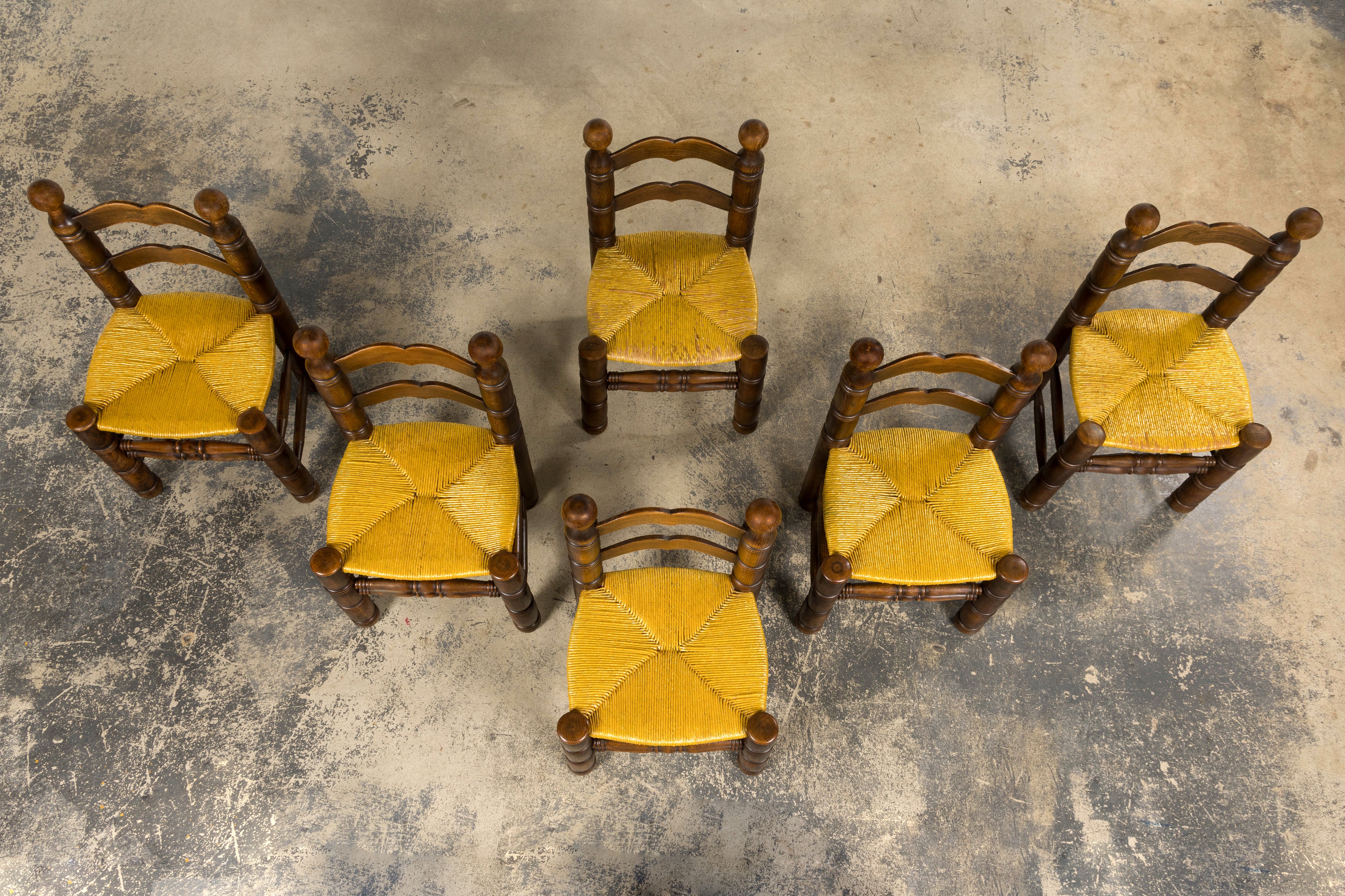 Set of 6 French Modernist Oak and Rush Dining Chairs