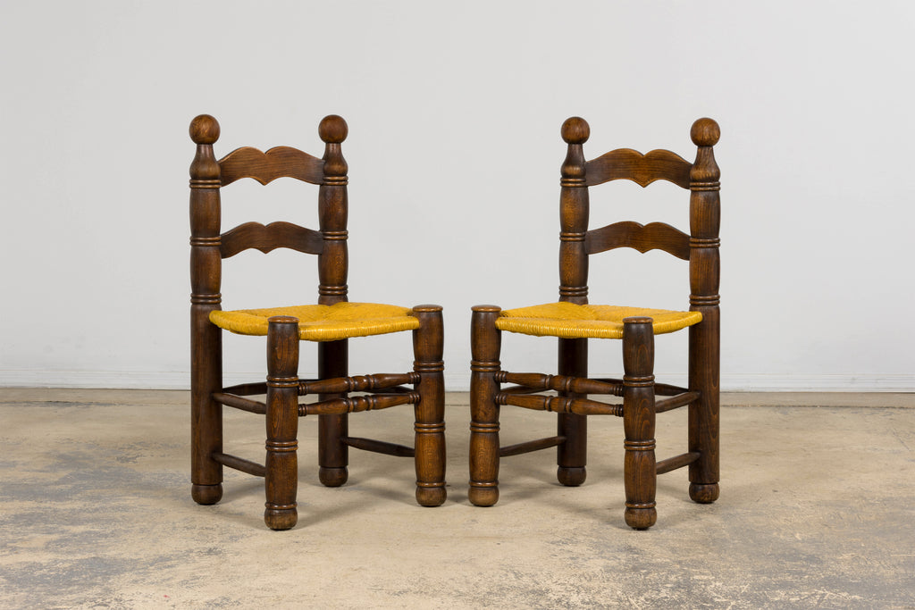 Set of 6 French Modernist Oak and Rush Dining Chairs