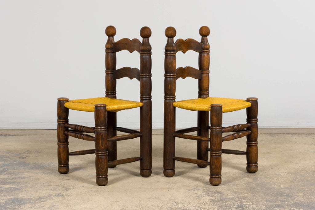 Set of 6 French Modernist Oak and Rush Dining Chairs
