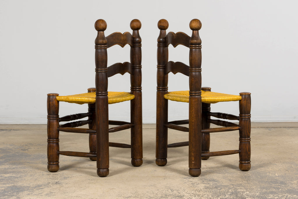Set of 6 French Modernist Oak and Rush Dining Chairs