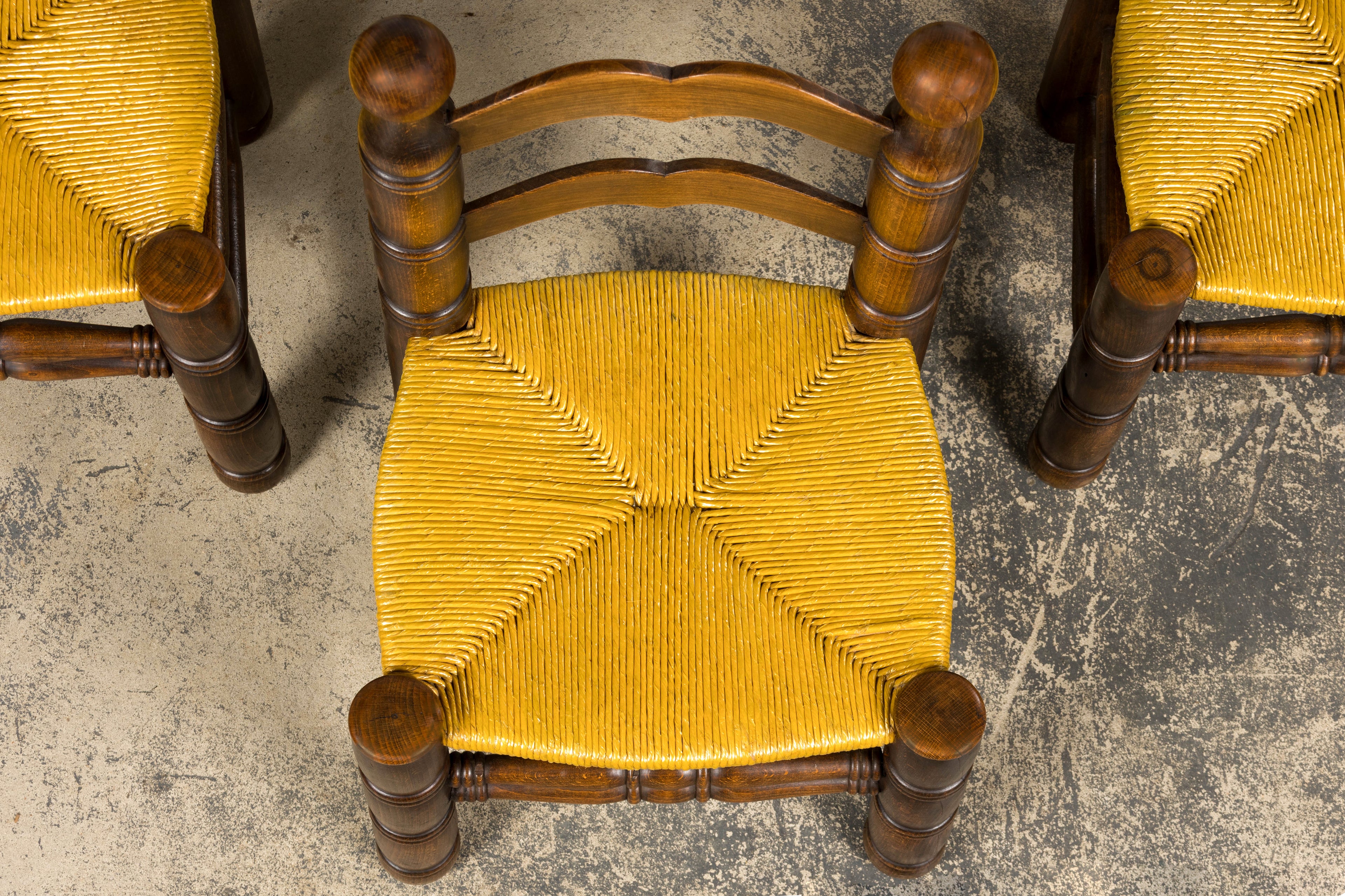 Set of 6 French Modernist Oak and Rush Dining Chairs