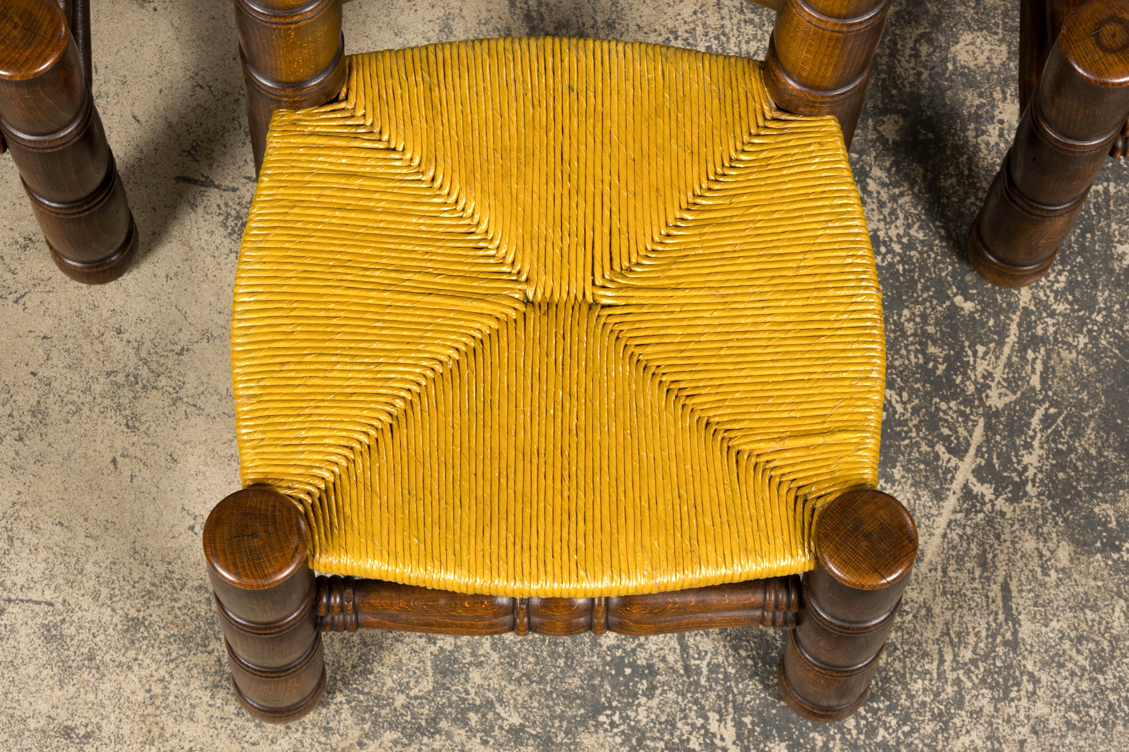 Set of 6 French Modernist Oak and Rush Dining Chairs