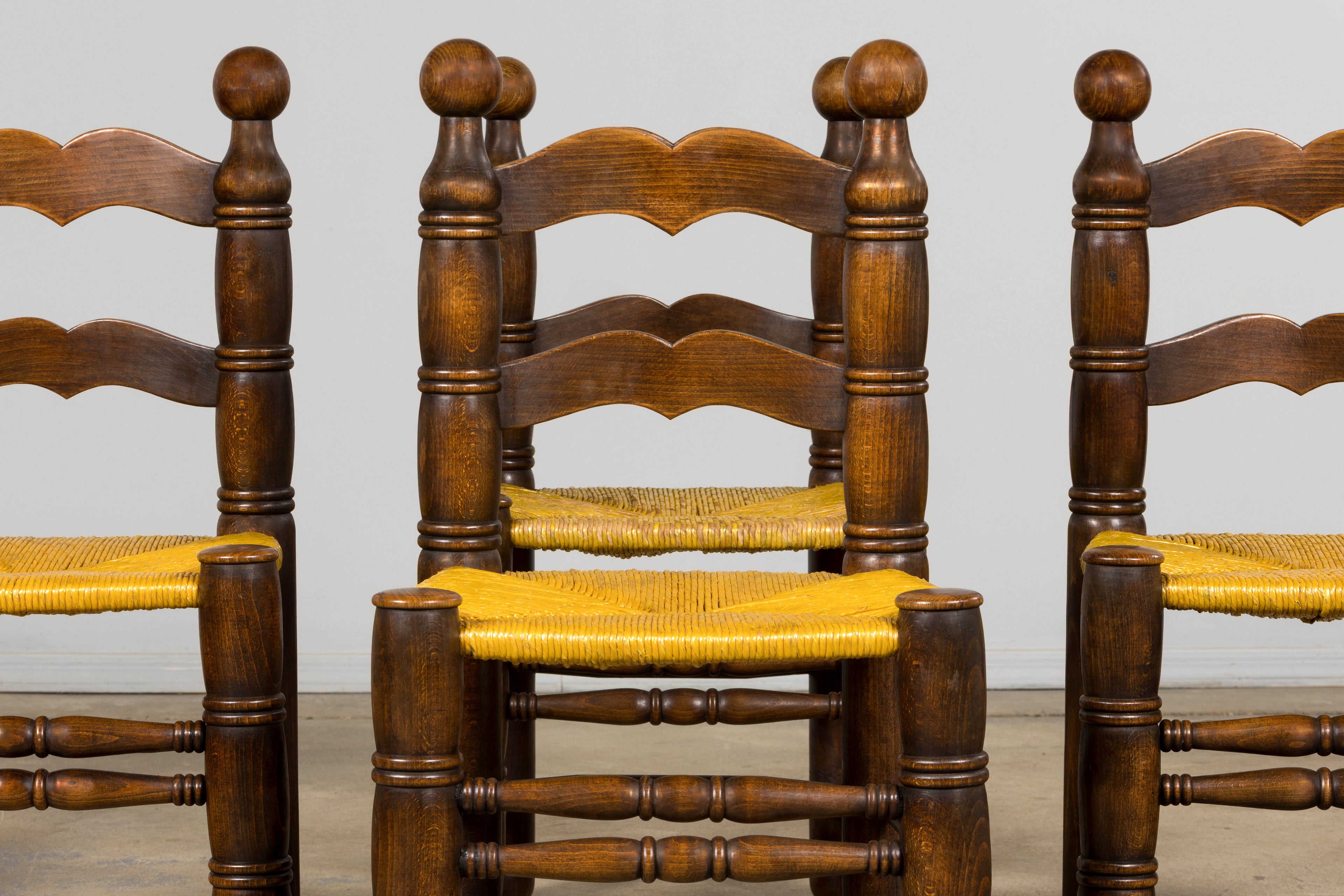Set of 6 French Modernist Oak and Rush Dining Chairs