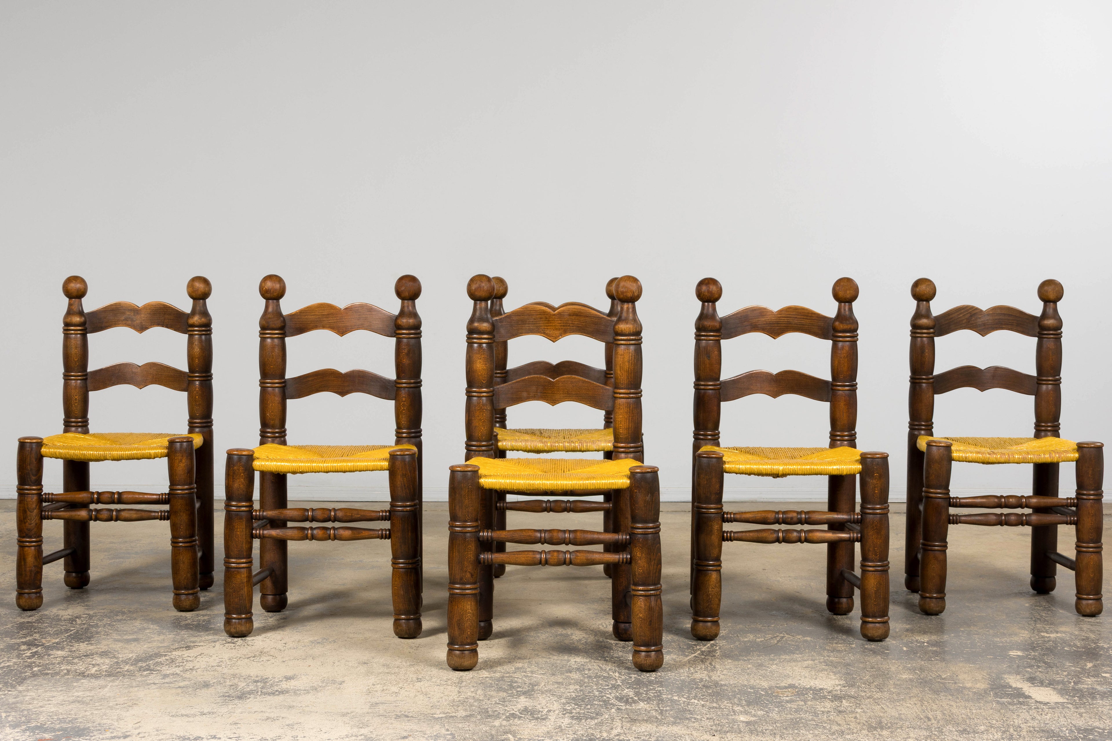 Set of 6 French Modernist Oak and Rush Dining Chairs