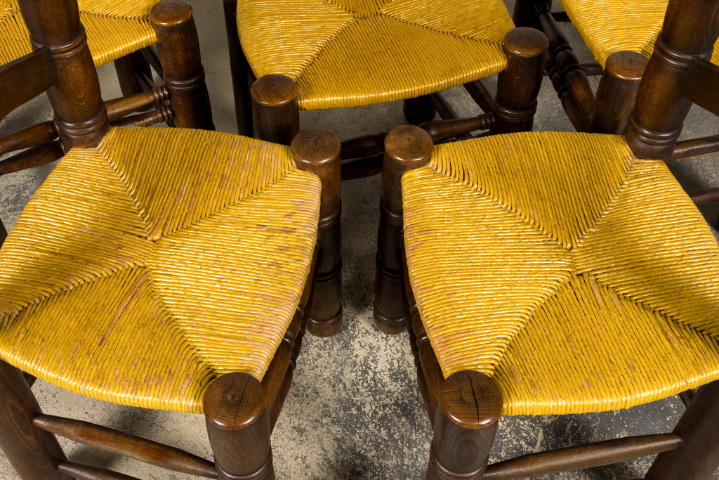 Set of 6 French Modernist Oak and Rush Dining Chairs