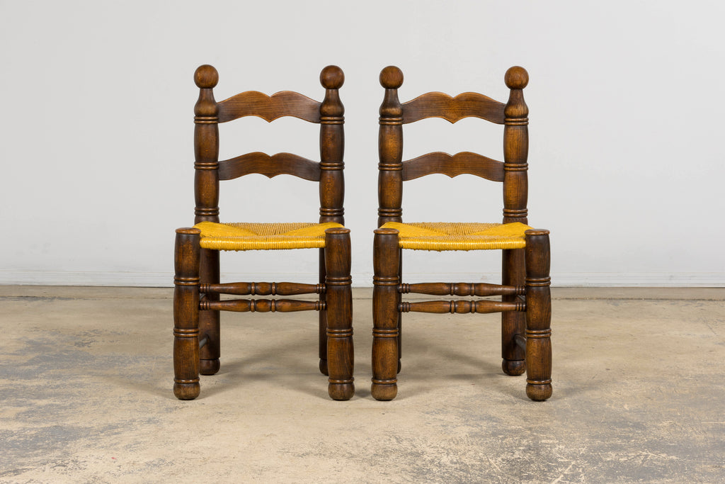 Set of 6 French Modernist Oak and Rush Dining Chairs