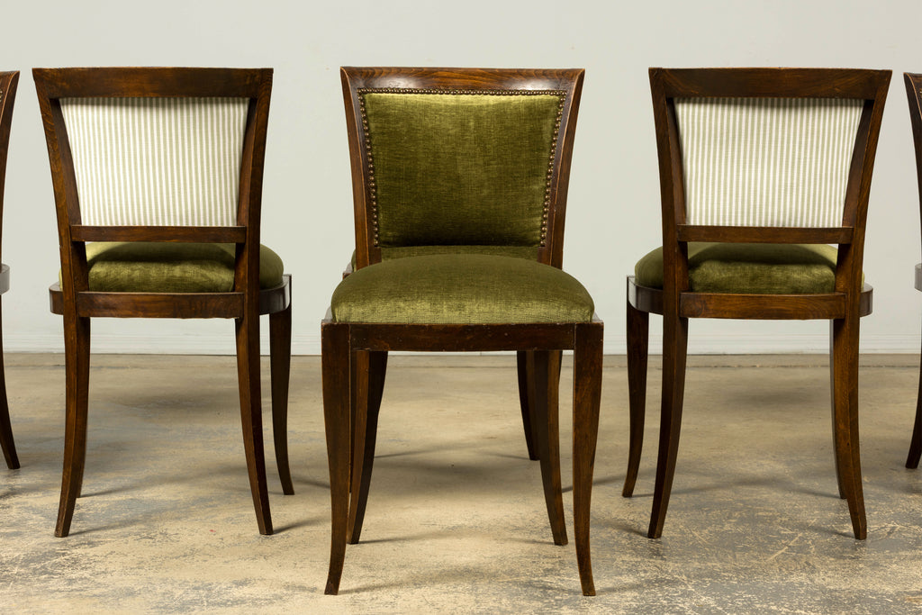 Set of 8 1930s French Art Deco Maple Dining Chairs in Olive Green Velvet