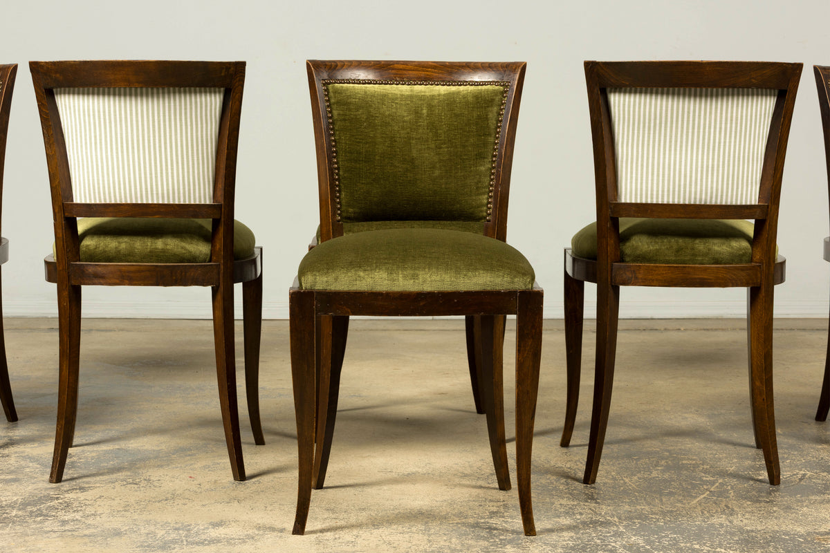 Set of 8 1930s French Art Deco Maple Dining Chairs in Olive Green Velvet