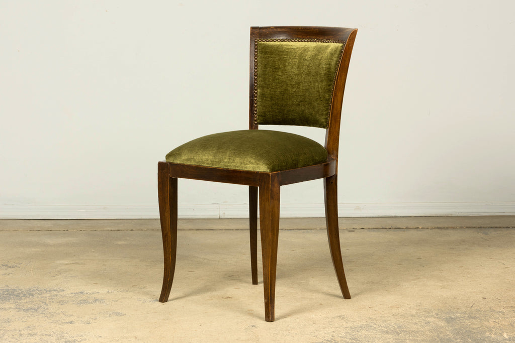 Set of 8 1930s French Art Deco Maple Dining Chairs in Olive Green Velvet