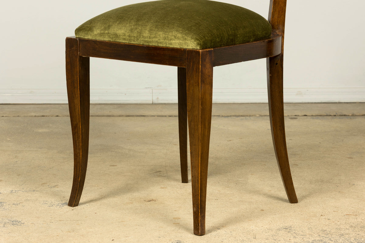 Set of 8 1930s French Art Deco Maple Dining Chairs in Olive Green Velvet