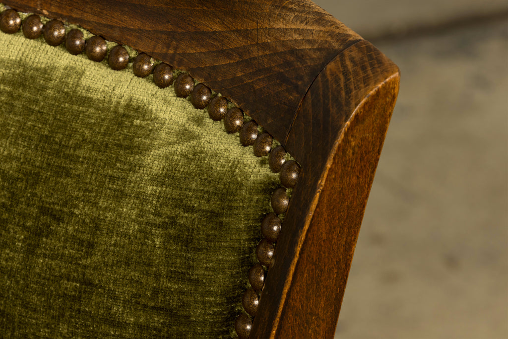 Set of 8 1930s French Art Deco Maple Dining Chairs in Olive Green Velvet