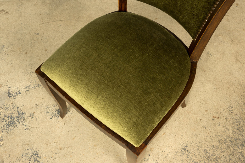 Set of 8 1930s French Art Deco Maple Dining Chairs in Olive Green Velvet