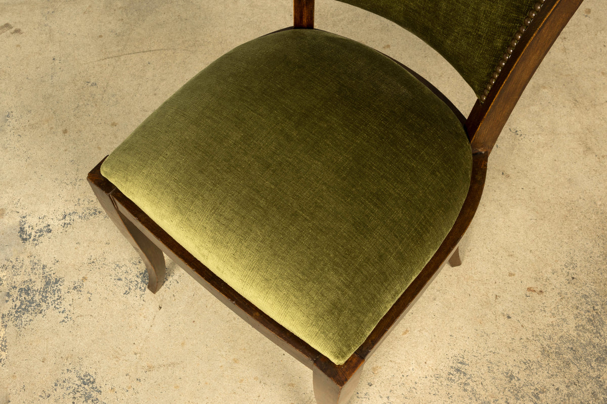 Set of 8 1930s French Art Deco Maple Dining Chairs in Olive Green Velvet