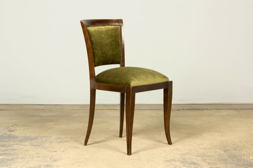 Set of 8 1930s French Art Deco Maple Dining Chairs in Olive Green Velvet