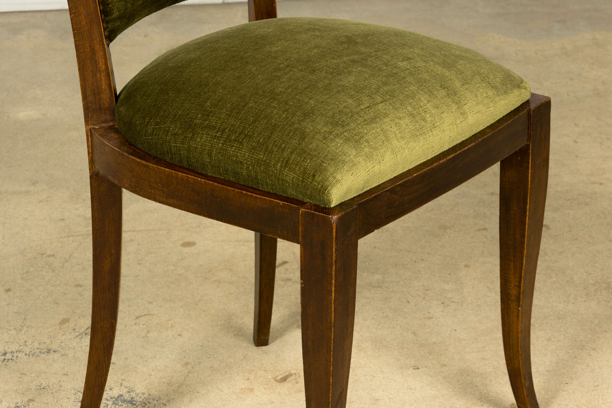 Set of 8 1930s French Art Deco Maple Dining Chairs in Olive Green Velvet
