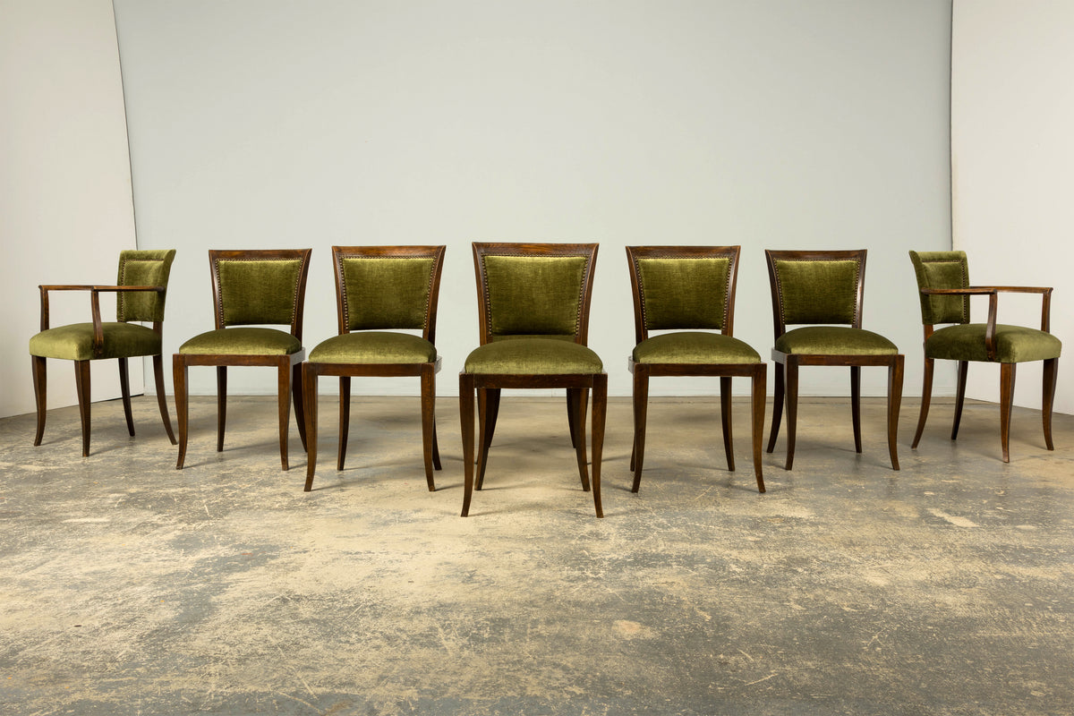 Set of 8 1930s French Art Deco Maple Dining Chairs in Olive Green Velvet