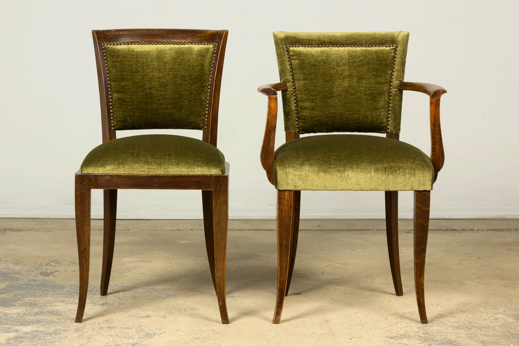 Set of 8 1930s French Art Deco Maple Dining Chairs in Olive Green Velvet