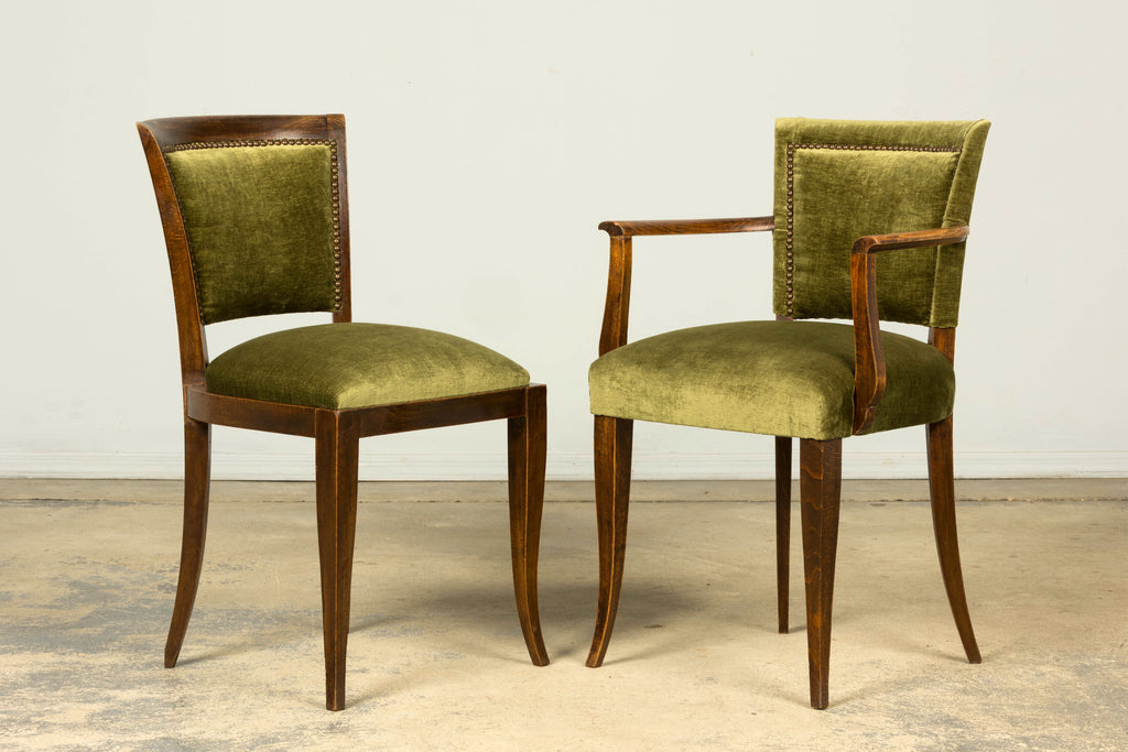Set of 8 1930s French Art Deco Maple Dining Chairs in Olive Green Velvet