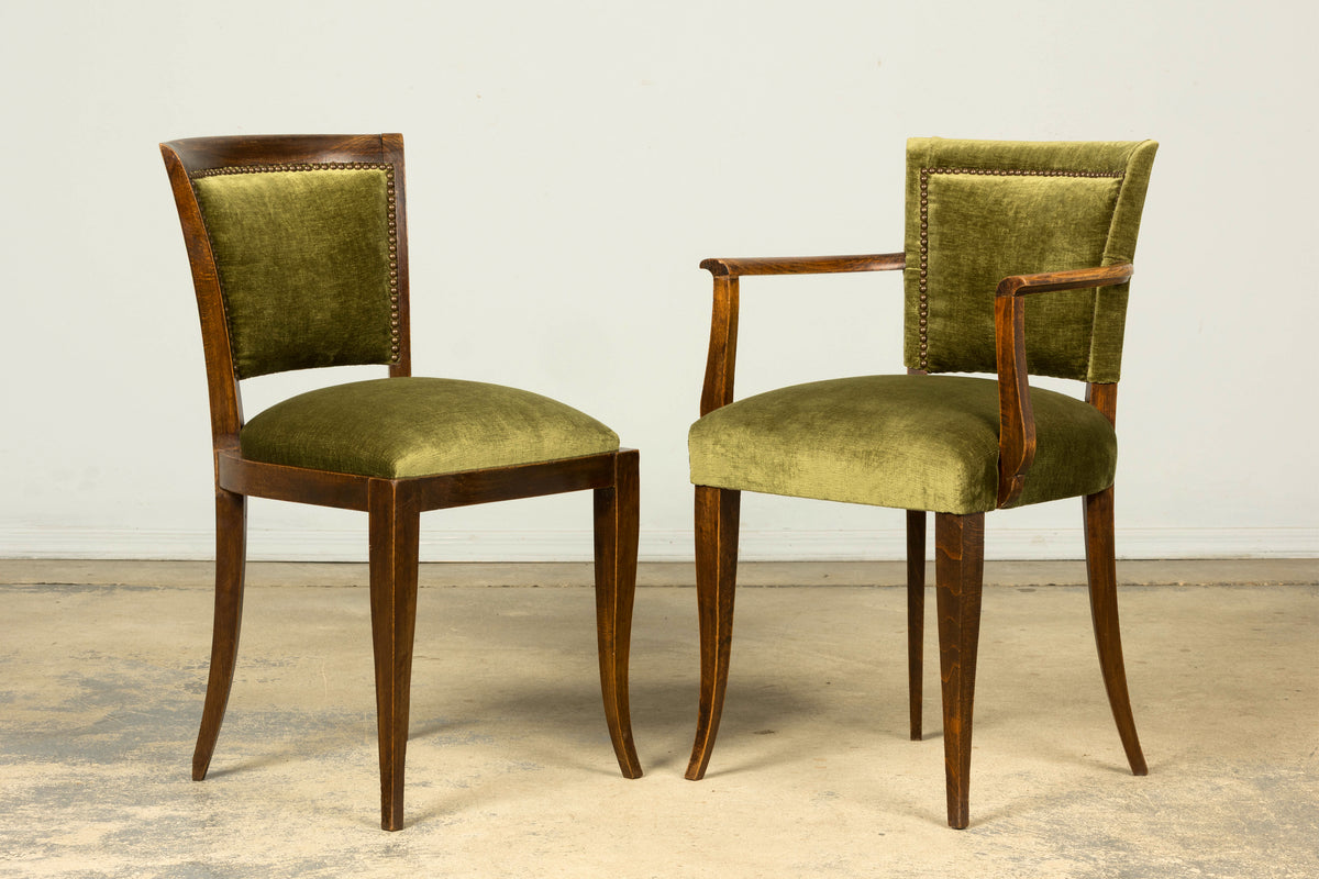 Set of 8 1930s French Art Deco Maple Dining Chairs in Olive Green Velvet