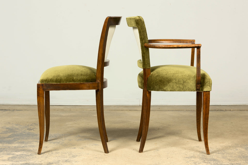 Set of 8 1930s French Art Deco Maple Dining Chairs in Olive Green Velvet