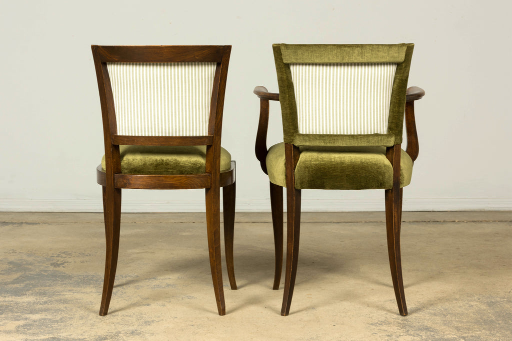 Set of 8 1930s French Art Deco Maple Dining Chairs in Olive Green Velvet