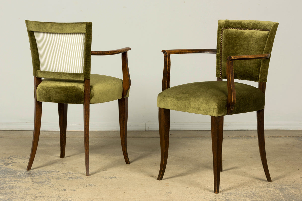Set of 8 1930s French Art Deco Maple Dining Chairs in Olive Green Velvet